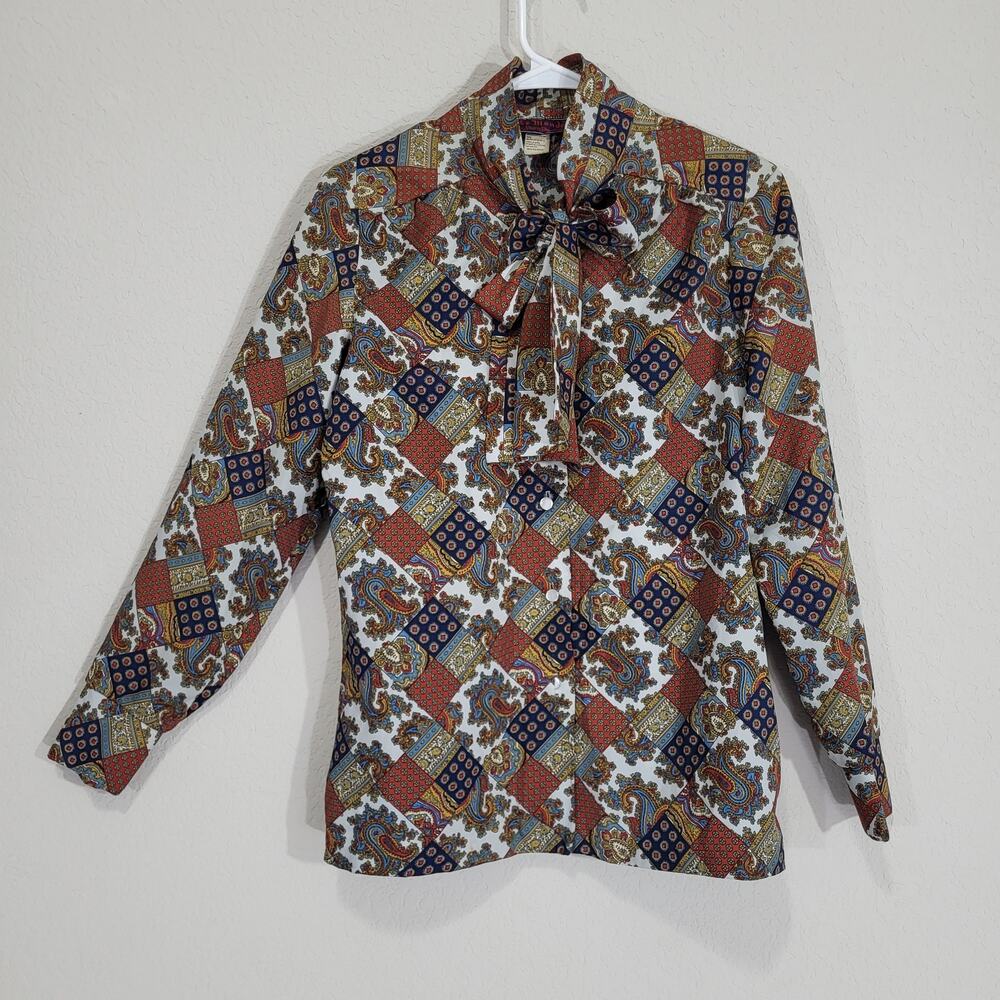 Vintage Blouse Le Monde Ship n Shore Womens Medium  Paisley Patchwork Bow Neck